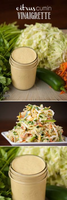 three different views of the ingredients for a salad with dressing in mason jars on top