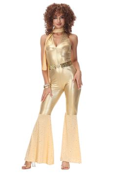 Retro Hippies Costumes Women Sexy 70's 80's Rock Disco Jumpsuit with Scarf And Belt Hip-hop Dance 80s Hippie, Tudor Dress, Gold Jumpsuit, Disco Costume, 70s Outfits, 2000s Outfits