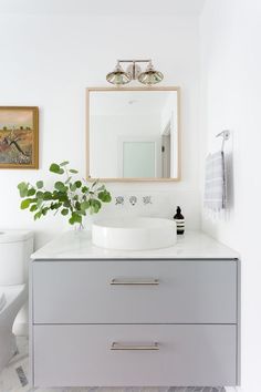 a bathroom with a sink, mirror and potted plant on the counter in front of it