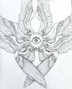 a drawing of an eye surrounded by two birds with wings spread out to the side