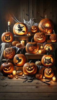 halloween pumpkins with carved faces and jack - o'- lanterns on display in front of a wooden wall