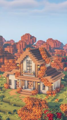 Cute Mc House Ideas, Wood House In Minecraft, Cute Fall Minecraft Houses, Thing To Make In Minecraft, Cute House For Minecraft, Minecraft Barndominium, Minecraft School House, Dark Oak Minecraft House Aesthetic, Minecraft House Inspo Cottagecore