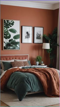 What do you do if your bedroom has no closet? You don't necessarily need a closet to make your bedroom look good and be functional. There are a variety of hacks to max out your tiny space and store clothes without a closet. Here's a round-up of some of the simplest no closet bedroom ideas to help you create an organized and comfortable space that's as easy on the eyes as it is easy to use. Follow tidymalism.com for more organizing ideas, decluttering tips, and small space solutions. #smallcloset Best Color For Bedroom Walls Colour Boho, Terracotta And Green Bedding, Terracotta And Green Aesthetic, Green House Decor Interiors, Orange And Green Home Decor, Orange And Brown Bedroom Ideas, Rust Orange Room, Terracotta Walls Bedroom, Green And Copper Bedroom