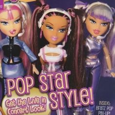 two dolls are posed in front of a magazine cover with the caption pop star style get the live in concert look