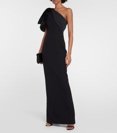 Maelys crêpe gown in black - Safiyaa | Mytheresa Formal Pre-draped Crepe Dress, Satin Dress With Fitted Bodice For Black-tie Events, Evening Dresses With Detachable Bow, Elegant Evening Maxi Dress With Bow, Pre-draped Gala Gown, Chic Formal Maxi Dress With Bow, Formal Black Dress With Detachable Bow, Evening Maxi Dress With Bow, Crepe Maxi Dress For Gala