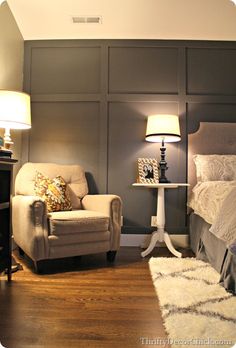 an image of a bedroom with gray accent walls