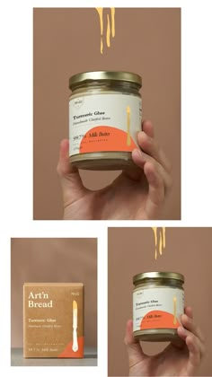 two images show the inside of a jar of butter and an open box of peanut butter