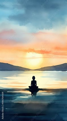 Meditating Person Silhouette on Serene Beach at Dawn - Ideal Watercolor Painting for Art Prints - Generative AI Dawn Watercolor Painting, Mindful Art Watercolor, Watercolor Art Silhouette, Watercolor Art Scenery, Silhouette Watercolor Painting, Spiritual Watercolor, Boats Watercolor, Watercolor Meditation