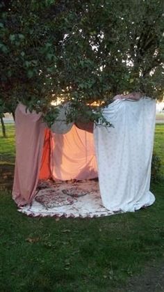 a tent is set up in the grass under a tree with curtains hanging from it