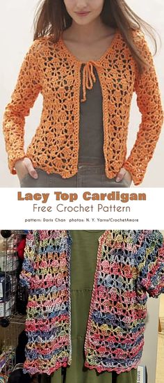 a crocheted jacket is shown with the text, lacy top cardigan pattern