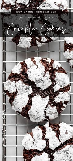 chocolate crinkle cookies on a cooling rack with the words, chocolate crinkle cookies