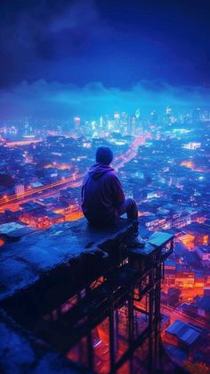 a person sitting on top of a building looking out over the city at night time