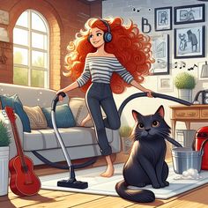 a woman with long red hair is vacuuming the floor next to a black cat