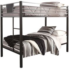 a metal bunk bed with white sheets and pillows on it's bottom shelf, against a white background