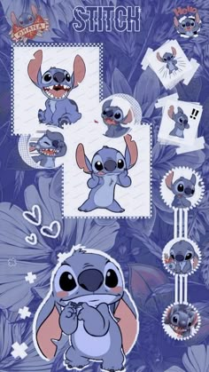 an image of some cartoon characters in blue and purple colors, with the words stitch on it