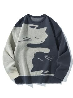 Men's Cat Printed Round Neck Sweater , Drop Shoulder Baggy Crew Long Sleeve Pullover , Graphic Color Block Dark Grey Going Out Academia Friends Multicolor Casual  Long Sleeve Fabric Cartoon Pullovers Slight Stretch  Men Clothing, size features are:Bust: ,Length: ,Sleeve Length: Baggy Knitted Sweaters Men, V Neck Oversized Sweater Men, Cute Mens Sweater, Graphic Knitted Sweater Men, Soft Boy Sweaters & Cardigans, Chunky Men Sweater, Mens Plus Size Sweater, Graphic Print Sweater, Hippie Sweaters Men