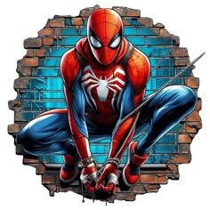 the amazing spider - man is seen through a hole in a brick wall, with his legs