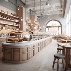 the interior of a bakery with wooden tables and stools