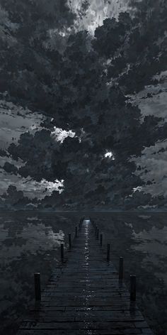 a pier in the middle of a body of water under a cloudy sky with dark clouds