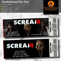 two movie tickets with the words scream on them