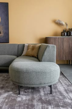 a grey couch sitting on top of a rug in a living room next to a painting