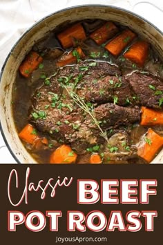 beef pot roast with carrots and parsley in a pan