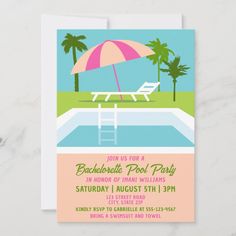 Bachelorette Pool Party Tropical Swimming Pool Invitation Bridal Shower Pool Party, Pool Lounger, Engagement Invitations, Sun Umbrella, Tropical Summer