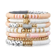 PRICES MAY VARY. Pink Stackable Bracelets: This surfer heishi clay bead bracelets set includes 7 unique bracelets, featuring 6 distinct compositions of gold-plated beads, polymer clay beads in shades of pink, gray, and white. And an additional bracelet composed of gold-plated round beads. With a dominant pink hue, these bracelets add a pop of color and style to your everyday ensemble. Great Material: Our friendship bracelets are crafted with care, strung by hand with pearl beads, 14K gold-plated Mommy And Me Clay Bead Bracelets, White And Gold Clay Bead Bracelet, Ideas For Clay Bead Bracelets, Christmas Clay Bracelets, Church Bracelets, Pink Clay Bead Bracelet Ideas, Clay Bead Brackets, Clay Beads Bracelet Ideas, Clay Bracelet Ideas