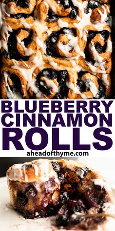 blueberry cinnamon rolls with icing on top and in the middle, sitting on a white plate