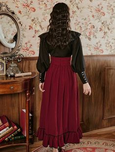 ❤Ruffle Frilled Lace Shirt + Corset Ruffle Skirt❤ Suits Vintage, Outfit Korean Style, Shirt And Skirt, Frill Skirt, Burgundy Skirt, Long Maxi Skirt, Women Suits, Outfit Korean, Cottagecore Style