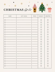 christmas gift list is shown in this printable