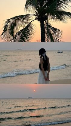 a woman standing on top of a sandy beach next to the ocean at sunset with palm trees