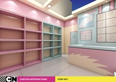 this is an image of a pink and blue room with bookshelves in it