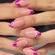 ʚ☆ɞ ‘s pin - pink frenchies with bow ! Nail Ideas Pink, Pink French Tip Nails, Pink French Tip, Pink Chrome Nails, Squoval Nails, Pink French