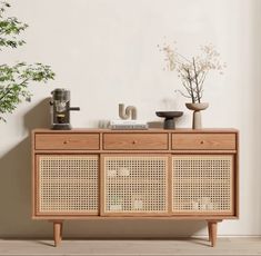 a sideboard with wicker doors and drawers in front of a plant on the floor