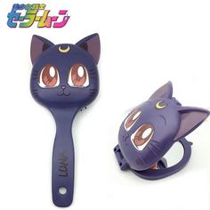 a purple cat shaped hair brush next to an image of a black cat