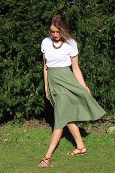 "Simple and chic easy-wear skirt in linen fabric - perfect for elevated casual dressing; melding comfort and ease of wear with a fashionable appearance. This 'Lara' skirt is chic and versatile, to be dressed up or down. The skirt has a fitted flat waistband and flows away from the hips in an A-line shape for lots of swish. ------------------- THE INTERNALS: No lining - the skirt is light and breathable to make the most of the natural qualities of linen (keeps you cool in summer and warm in winte Summer Midi Pleated Skirt, Green A-line Maxi Skirt For Spring, Flowy A-line Summer Bottoms, Relaxed A-line Maxi Skirt For Spring, Casual A-line Pleated Skirt For Summer, Casual A-line Pleated Summer Skirt, Flowy Long Pleated Skirt For Day Out, Relaxed Green Pleated Maxi Skirt, Summer Relaxed Flared Maxi Skirt