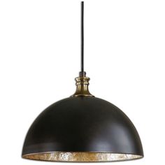 a black and gold pendant light hanging from a ceiling fixture with an iron finish on the bottom