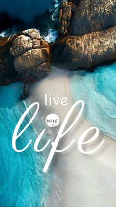 an aerial view of the beach and ocean with text that reads live your life