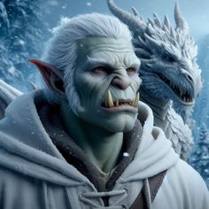 an image of a man with white hair and beards in front of a dragon