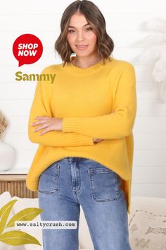 💛Meet Sammy! This simple and soft knit is a perfect sweater to snuggle up on the couch in. It pairs well with anything from leggings to skirts and everything in between.

MODEL WEARS: Size S-M
KEY FEATURES: Crew Neckline, Long Sleeves with Ribbed Cuffs, Slight High-Low Hemline with Side Splits and Fluffy Cosy Feel. 
MATERIAL: Acrylic/Wool Blend
CARE INSTRUCTIONS: This item is a cold hand wash only, hung to air dry and steamed to iron out the creases as needed. Perfect Sweater, Cozy Knit Sweater, Side Splits, Curve Dresses