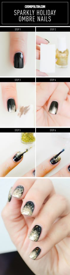 Sparkly New Year's Eve Ombré Nails - Nail Tutorial 1. Basecoat, such as Essie Millionails 2. Black nail polish, such as Essie "Licorice" 3. Gold nail polish, such as Essie "Good as Gold" 4. Glitter polish, such as Essie's "Rock at the Top" 5. Makeup sponge 6. Topcoat, such as Essie Good to Go New Years Nail Art, Unghie Nail Art, Nail Art Ombre, Super Nails, Nails French, Ideas Nails, Trendy Nail Art, Trendy Nail Design