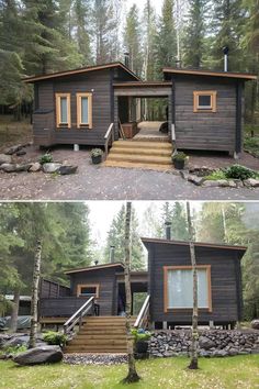 two pictures side by side of a cabin in the woods with stairs leading up to it