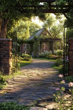 a stone pathway leads to a gazebo surrounded by greenery