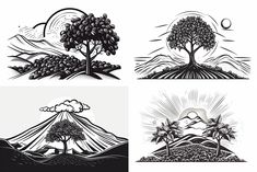 four different types of trees and mountains with sun rays in the sky, black and white