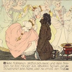 an old fashion illustration shows women dressed in evening gowns, and one woman is kneeling down