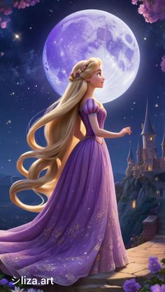 a beautiful blonde haired girl in a purple dress looking at the moon