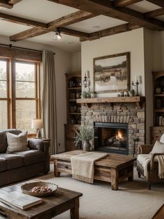 a living room filled with furniture and a fire place