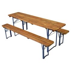 two wooden benches sitting next to each other on top of a white surface with metal legs