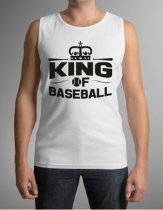 a man wearing a white tank top with the words king of baseball printed on it